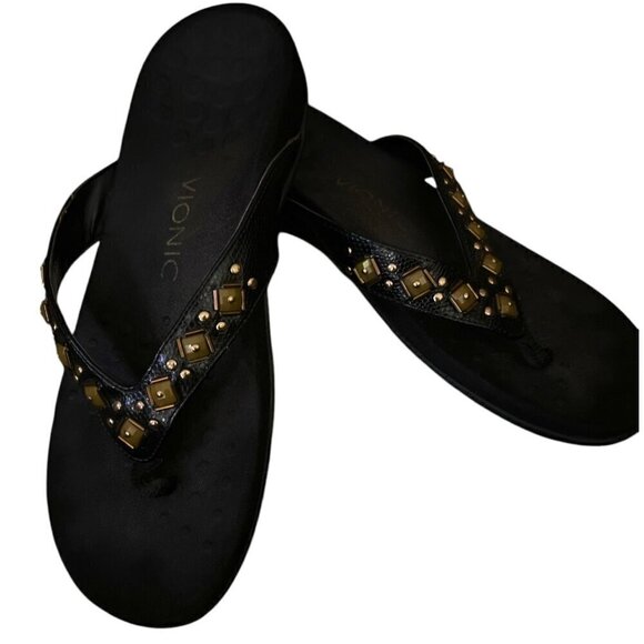 VIONIC Orthaheel Floriana Croco Black Jeweled Beaded Orthotic Flip Flops Size 7 - Picture 2 of 15